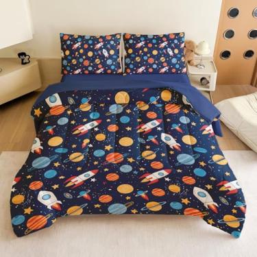Imagem de Jogo de cama casal para meninos – Conjunto de edredom completo com 5 peças, foguete e planeta galáxia, lavável na máquina, durável – ideia de presente para quarto de meninos e meninas