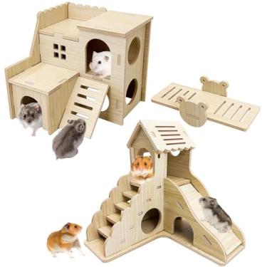 Imagem de BNOSDM Casa de hamster de madeira para hamster anão, esconderijo natrual com escada, gerbils, escalada, exploração, brinquedos de gangorra, acessórios para gaiola para hamsters sírios, ratos