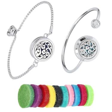 Imagem de SUNNYCLUE 1 caixa com 2 conjuntos de pulseiras de difusor de óleo essencial ajustáveis com 10 almofadas de refil de aço inoxidável, medalhão de aromaterapia, joia ajustável para mulheres, ioga, viagem