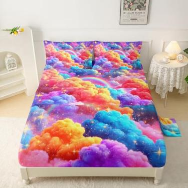 Imagem de QOOMO Jogo de lençol infantil Clouds tamanho casal, nuvem colorida com bolso profundo de 40,6 cm, estampa de arco-íris, macio e respirável para meninos/meninas/crianças/adolescentes