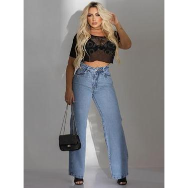 Imagem de Calça Jeans Feminina Wide Leg Com Strass Brilhinhos - Rezes Moda, Azul