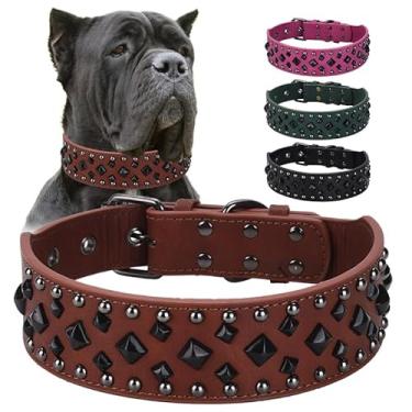 Imagem de Pimaodog Coleira de cachorro pontiaguda, couro PU, durável, cravejada, decorativa, grande, para Rottweiler, buldog, American Bully (marrom1, P (43,9-52 cm))