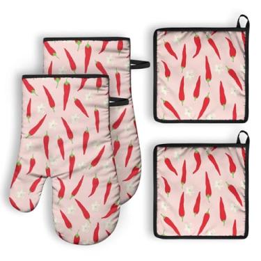 Imagem de QXWREL Conjuntos de 2 luvas de forno e suportes de panela para cozinha, luvas de forno resistentes ao calor e almofadas quentes para cozinha, luvas macias para forno e churrasqueira, itens essenciais