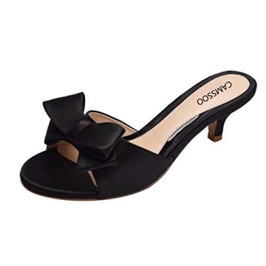Imagem de Camssoo sandália feminina de salto gatinha, com laço de corte e bico aberto, salto baixo, mules, Black Satin, 6.5