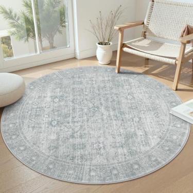 Imagem de LIVEBOX Tapete redondo vintage – Lavável 1,8 m Grande Círculo Oriental Tapete Cinza para Sala de Estar, Tapete Antiderrapante, Macio, Entrada, Tapetes Circulares para Foyer Cozinha Quarto de Crianças