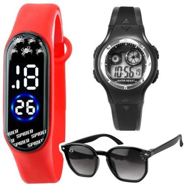 Imagem de Relogio Digital Preto Homemaranha + Oculos Sol Protecao Uv Pulseira Ajustavel Vermelho Resistente