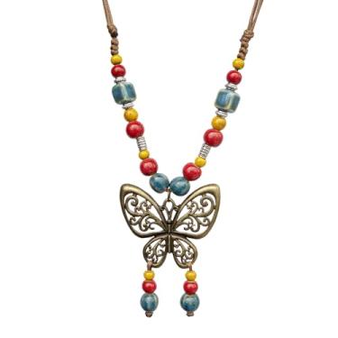 Imagem de Zlanderah Colar em Y com contas de cerâmica coloridas feitas à mão com pingente de borboleta de bronze, colar longo hippie para mulheres na moda, joias boêmias