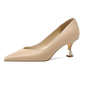Imagem de MOTIMODEN Sapatos femininos elegantes de salto médio para mulheres bico fino fechado elegante casamento formal trabalho escritório sapatos sociais confortáveis, Nude PU, 39