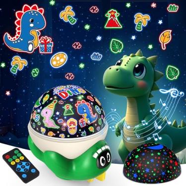 Imagem de Projetor de luz noturna de dinossauro para crianças, brinquedos de dinossauros verdes para meninos, luzes noturnas de estrelas com música e temporizador, lâmpada com mudança de cor de 17 modos com