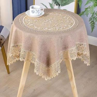 Imagem de Wuluwala Toalha de mesa quadrada pequena bordada de renda toalha de mesa de linho de algodão com macramê fazenda pequena capa de mesa para jantar, festa de casamento, decoração de casa, marrom 104 x