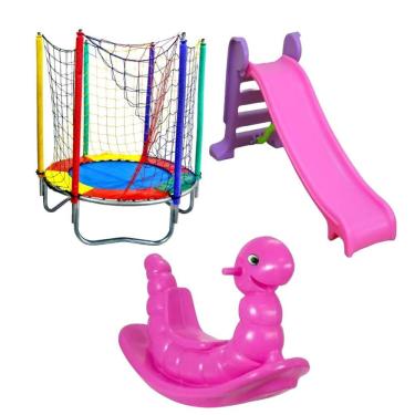 Imagem de Kit Infantil Com Cama Elástica 1,40m Escorregador Médio Gangorra Minhoca - Playtime