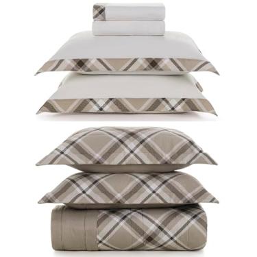 Imagem de Kit Colcha e Jogo de Lençol King Percal 300 Fios 100% Algodão Egípcio Estampado Cama 7 Peças (Benjamin - Xadrez Bege)