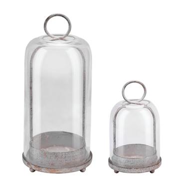 Imagem de Castiçal de metal versátil de 12,7 cm e 10 cm de largura em branco gasto com tampa de cúpula de vidro grossa e resistente feita à mão para velas e plantas, casa de fazenda, estilo chique gasto (2
