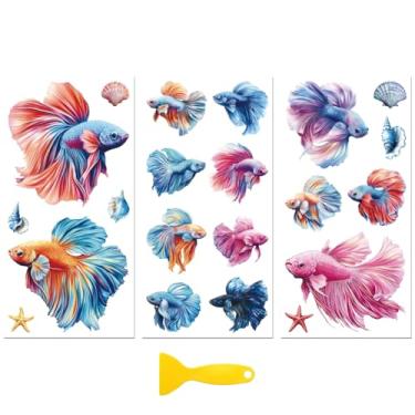 Imagem de Peacoblue Adesivo decalque de transferência para decoração de artesanato de móveis 15 x 30 cm Betta peixes e conchas, 3 peças à prova d'água UV DTF transferência para gaveta cômoda vidro porcelana