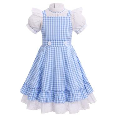 Imagem de OBEEII Vestido xadrez infantil azul e branco casual de verão blusa de manga curta com azul evasê guingão babados vestido carnaval chique xadrez sessão de fotos roupa azul (blusa + vestido) 2-3 anos