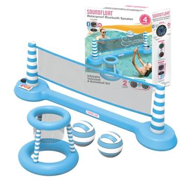 Imagem de Inspired Living Conjunto de boia inflável de vôlei e basquete com alto-falante Bluetooth à prova d'água, bola, porta-copos, bolsa de telefone, jogos de sinuca para crianças e adultos