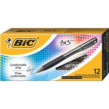 Imagem de BIC Caneta esferográfica retrátil BU3 Grip, ponta média (1,0 mm), preta, canetas esferográficas pretas retráteis para escola e escritório, 12 unidades