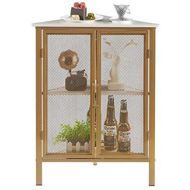 Imagem de VECELO Prateleira de canto de 3 andares, rack de exibição múltipla, armário de armazenamento de chão com portas de grade para espaço pequeno, sala de estar, quarto, cozinha, varanda, ouro