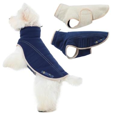 Imagem de ROZKITCH Jaqueta de lã reversível para cães, colete de dupla face ajustável para inverno frio, suéter de lã de ovelha super quente com bordado, moletom de pelúcia para raças pequenas, azul escuro M