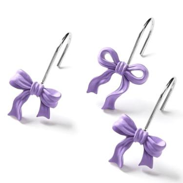 Imagem de Litabel 12 peças de ganchos bonitos de cortina de chuveiro, anéis decorativos de cortina de chuveiro com laço de lavanda, ganchos de cortina de resina à prova de ferrugem, anéis de chuveiro para