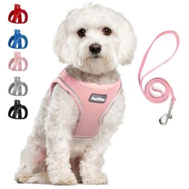 Imagem de PetiFine Conjunto de coleira e peitoral para cães pequenos, malha respirável para todos os climas, à prova de fuga reflexiva, coletes para filhotes (P, rosa)