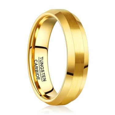 Imagem de NUNCAD Anel de tungstênio clássico masculino prata/ouro/preto 6 mm, acabamento escovado, bordas chanfradas aprimoradas polidas, ajuste confortável, tamanho 7-12, 8, Carboneto de tungstênio, Sem pedra