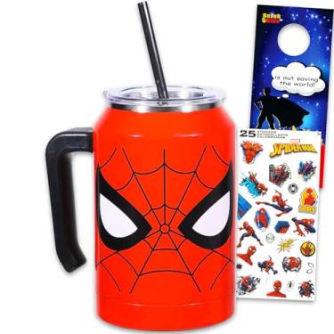 Imagem de Marvel Conjunto de copos do Homem-Aranha - Pacote com copo de aço inoxidável de parede dupla de 850 g com alça e canudo e mais | Copo de viagem do Homem-Aranha de 850 g para meninos, adolescentes
