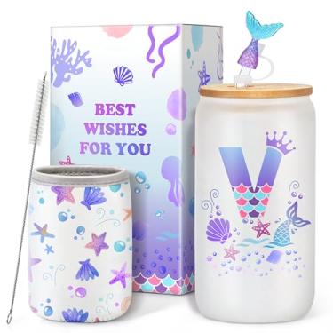 Imagem de Copos de vidro com inicial personalizada, copos de bebida com cauda de sereia de 473 ml com tampa e canudo, topo de cauda de sereia/manga monograma de Natal | presentes de aniversário para meninas