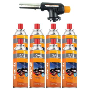 Imagem de Kit Maçarico Portátil Regulável com 8 Refis de Gás Butano Ideal para Cozinha Confeitaria