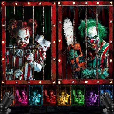 Imagem de SmoothNovelty 2 peças de cortina assustadora de palhaço de Halloween com luzes pontuais, decoração de silhueta de janela, capa de janela de fantasma de sangue, tema de terror, pôster para decoração de