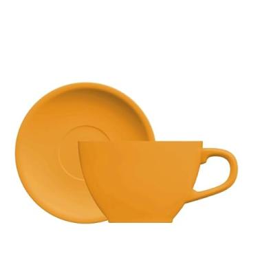 Imagem de Xícara e pires para café com leite em porcelana, modelo Cafeteira Pró, Latte Art Oval, 300 ml, Germer, Amarelo