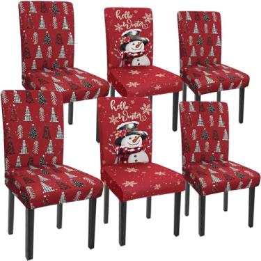 Imagem de Rcvlauf Conjunto de 6 capas de cadeira de Natal, boneco de neve, elástico, para árvore de Natal, decoração de sala de jantar, protetor de assento (boneco de neve vermelho, 6 peças)