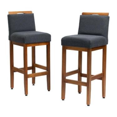Imagem de Kit 2 Banquetas Altas Safira Estofadas Linho com Encosto Madeira Maciç