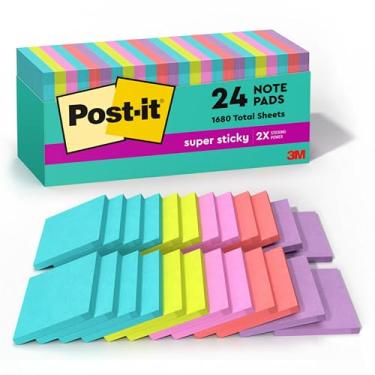 Imagem de Post-it Notas super adesivas, 7,6 x 7,6 cm, 24 blocos, Coleção Miami, Cores neon (laranja, rosa, azul, verde), reciclável (654-24SSMIA-CP)