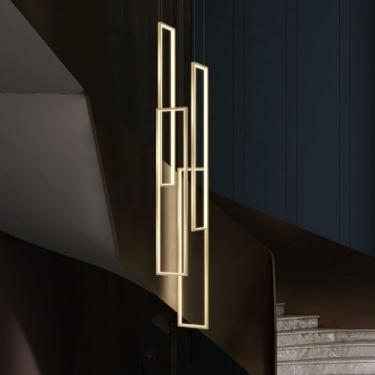 Imagem de Lustre Grande Lustre para Hall de Entrada Remoto Regulável LED Escada Lustre Moderno Dourado Industrial Longo Linear Pendente Luz para Espiral Hall Sala de Estar Hotel, Dourado 32X150cm