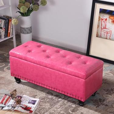 Imagem de Mesa de centro com armazenamento, banco acolchoado para os pés para sala de estar, quarto, banco de armazenamento retangular com pernas de madeira, armazenamento de couro sintético adornado