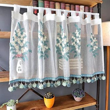 Imagem de Cortina de cozinha curta cortina de café de chiffon transparente, cortina de cozinha com renda, cortinas de meia janela com borla de cortina de bistrô bordada, estilo pastoral W140 cm * A 6