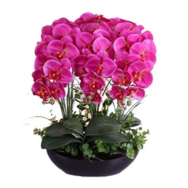 Imagem de DCYEQRQ Flores artificiais para decoração flor artificial Phalaenopsis flor borboleta orquídea conjunto de flores artificiais com vaso de cerâmica para decoração de sala de estar flores artificiais P