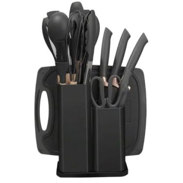 Imagem de Kit Completo Jogo Utensílios de Cozinha Luxo 19 Peças Com Tábua em Silicone PEQUENO(Preto)