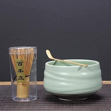 Imagem de QLDFX Tigela Matcha Tigela de Salada Tradicional Fosco Preto Verde Crackle Matcha Kit Cerâmica Chawan Kiln Glazed Whisk Holder Chasen Scoop Matcha Bowl Conjunto de Chá (G)
