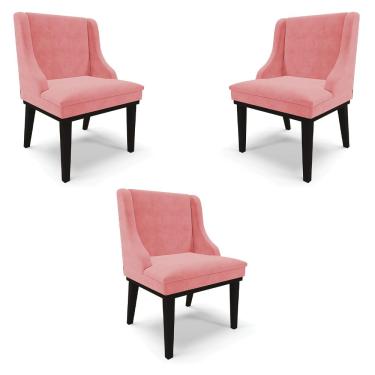 Imagem de Kit 3 Cadeiras Decorativas Sala de Jantar Base Fixa de Madeira Firenze Suede Rosê/Preto G19 - Gran Belo