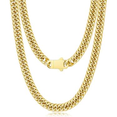 Imagem de Joymoly Corrente de elos cubanos de 5 mm/7 mm/9 mm para homens e meninos com fecho push-lock, corrente grossa de aço inoxidável banhado a ouro 18K para homens, corrente de colar legal masculina 18/20