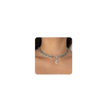 Imagem de ADEMISHIA Colar feminino com inicial inglesa antiga em ouro 18 K, delicado pingente A-Z com corrente cubana de aço inoxidável, gargantilha grossa, colar gargantilha para presente de Halloween e Natal