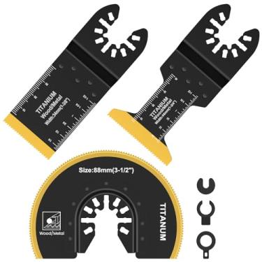 Imagem de LM, 3 peças de lâmina de serra oscilante bimetálica de titânio, multiuso, lâminas oscilantes, multiuso, conjunto de lâminas de ferramentas oscilantes de corte semicírculo universal com 3 adaptadores
