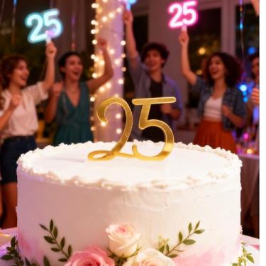 Imagem de 1 peça dourada número 25 topo de bolo, espelho dourado decoração de bolo feliz 25 anos, pingente de vinte e cinco bolos, brinde a 25 decorações de festa de aniversário, suprimentos de presente