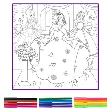 Imagem de Tapete de Colorir Princesas 50x50cm com 12 Canetinhas Infantil Reutilizável e Lavável Brinquedo Educativo Criativo