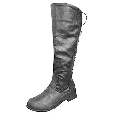 Imagem de Bigfanshu Botas de equitação na altura do joelho Botas femininas de cano longo inverno elegante retrô salto baixo sapatos de tiras nas costas botas de Roma ocidental casual vestido atlético ocasião sapatos botas de tornozelo botas ocidentais, Preto, 9.5