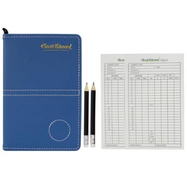 Imagem de Scott Edward Suporte para cartão de pontuação de golfe de couro com estatística e rastreamento de pontuação à prova d'água macio grosso suporte de cartão de árbitro (textura azul)