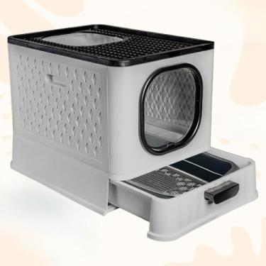 Imagem de Caixa de Areia Fechada Luxo para Gatos - Banheiro Pet com Porta Transparente, Gaveta e 2 Comedouros(SB LUXO + PENEIRA - CINZA)