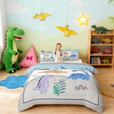 Imagem de Conjunto de edredom infantil fofo com estampa de dinossauro, adorável mundo animal, coleção de cama macia, tamanho solteiro, listrado, cinza e branco, para decoração de quarto de meninos e meninas, 2